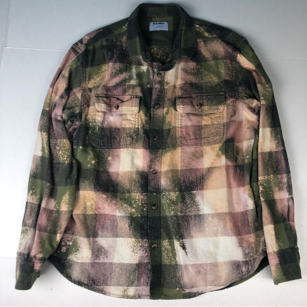 America Needs Farmers Shirt Upcycled Flannel Plaid Bleached Button Up Green Gray - Picture 2 of 9